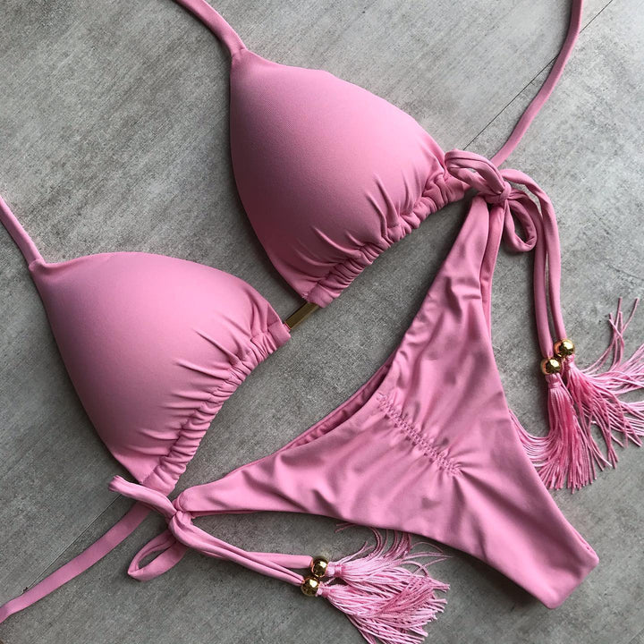 Fashion solid color tassel bikini