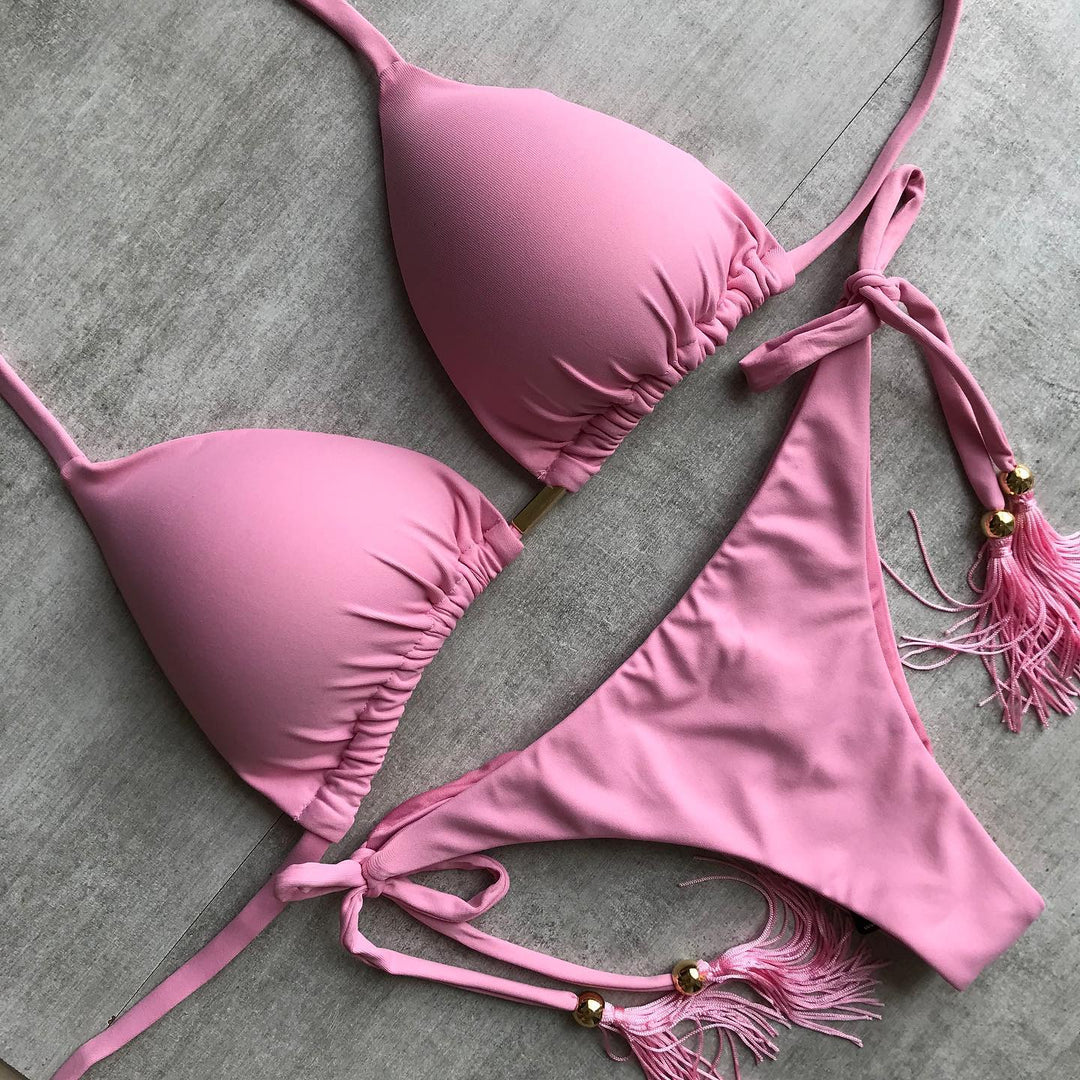 Fashion solid color tassel bikini