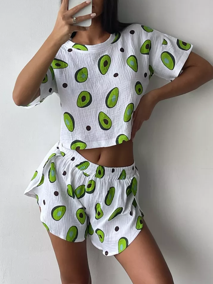 Avocado Print Crew Neck T-Shirt Pajama Set