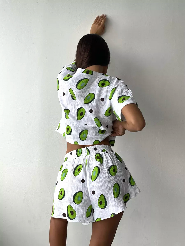 Avocado Print Crew Neck T-Shirt Pajama Set