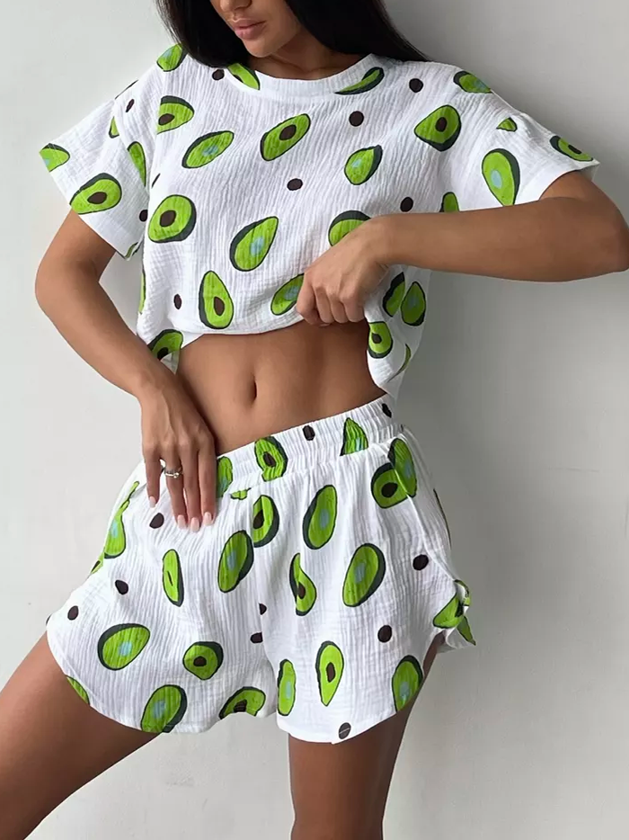 Avocado Print Crew Neck T-Shirt Pajama Set