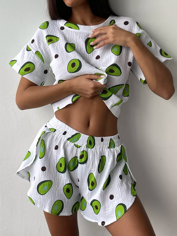 Avocado Print Crew Neck T-Shirt Pajama Set