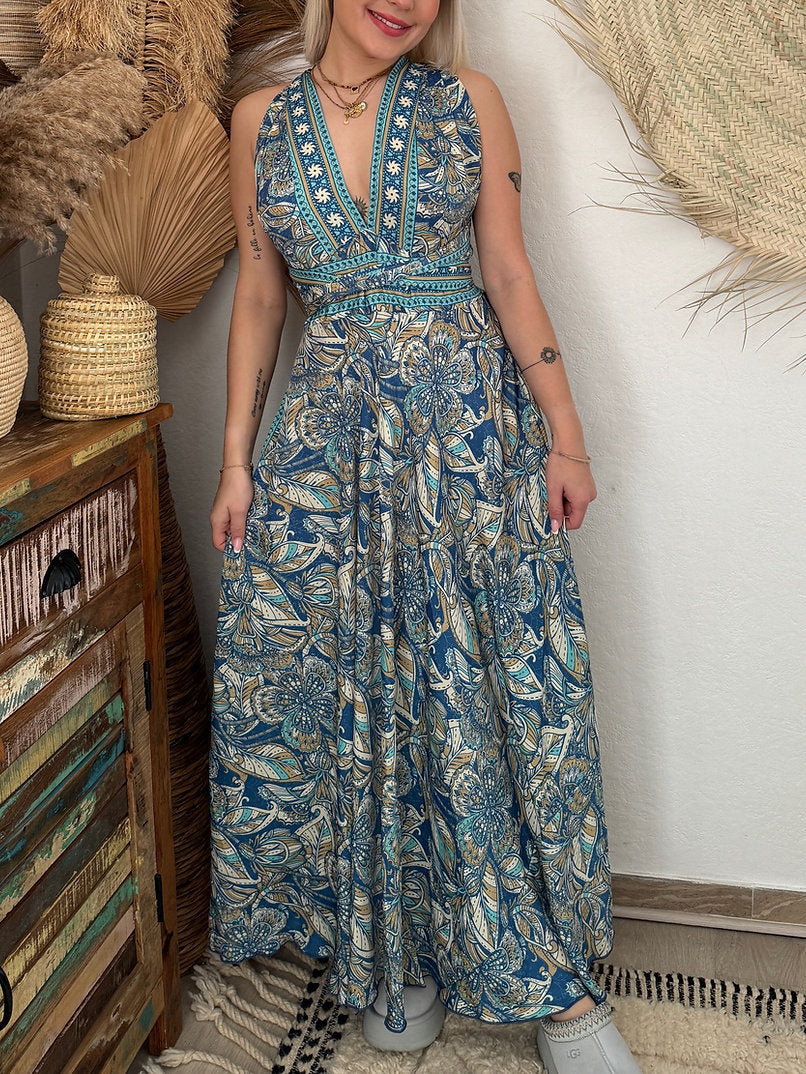 Bohemian floral halter back maxi dress