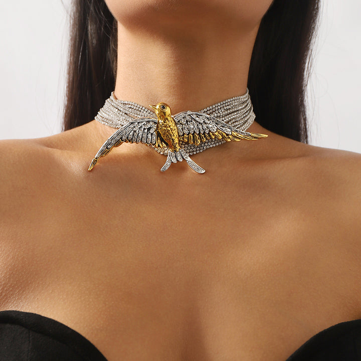 Exaggerated and fashionable bird and swallow multi-layered necklace full of diamonds