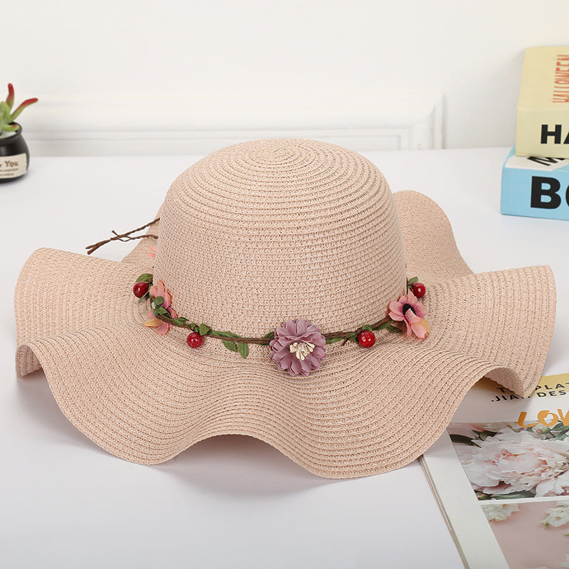 Straw hat wavy sun hat garland large brim hat