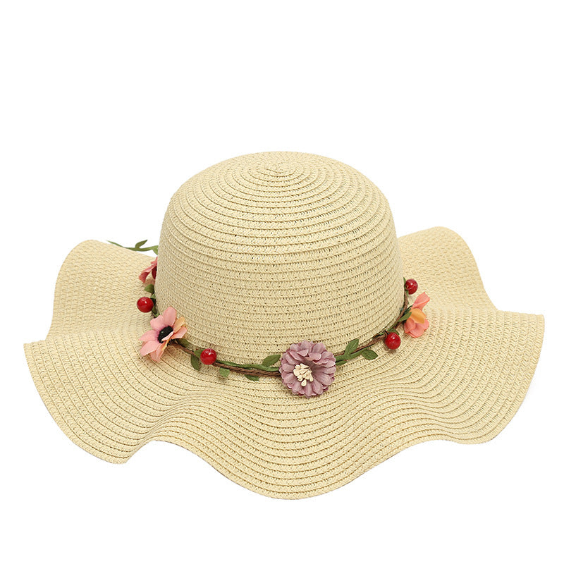 Straw hat wavy sun hat garland large brim hat