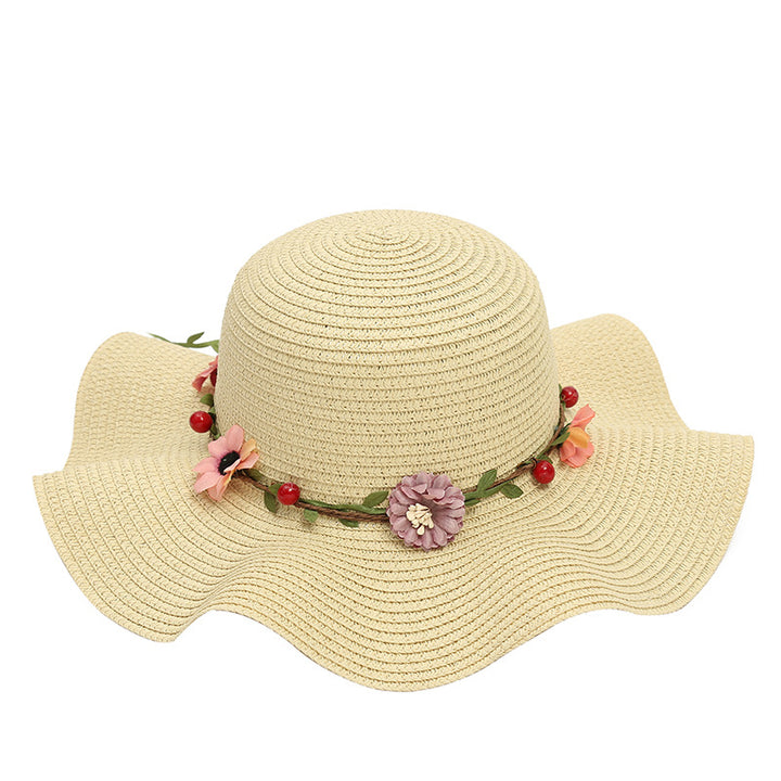 Straw hat wavy sun hat garland large brim hat