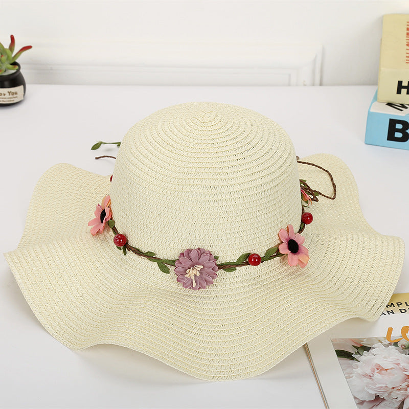 Straw hat wavy sun hat garland large brim hat