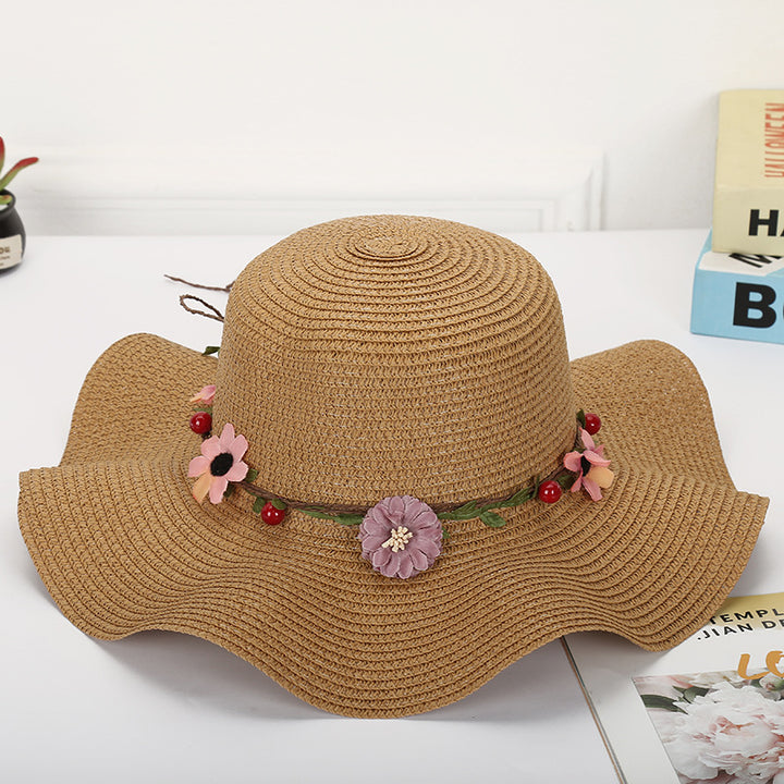 Straw hat wavy sun hat garland large brim hat