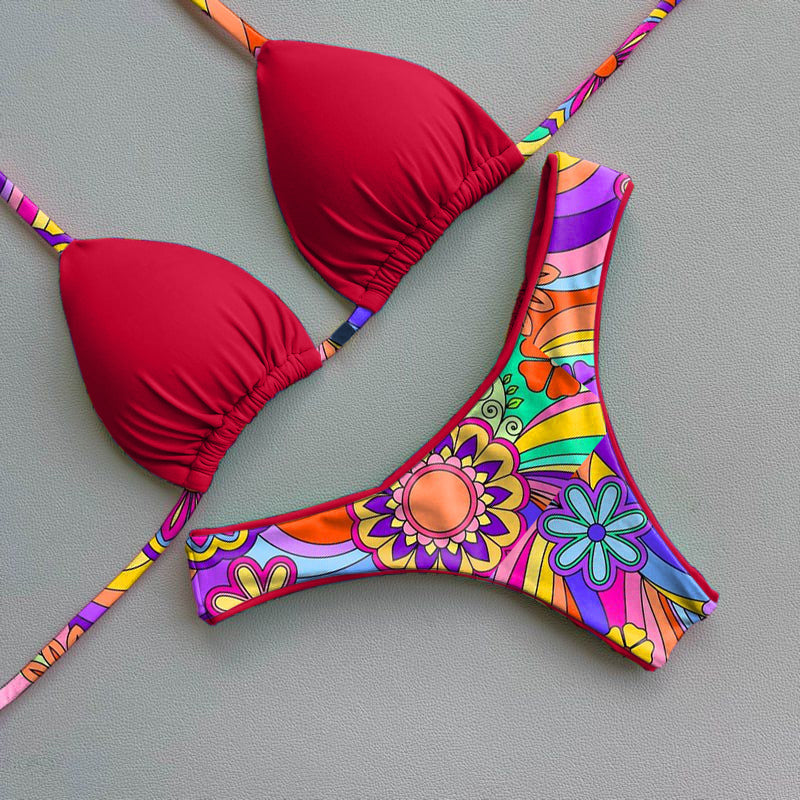 Trendy color contrast print bikini set