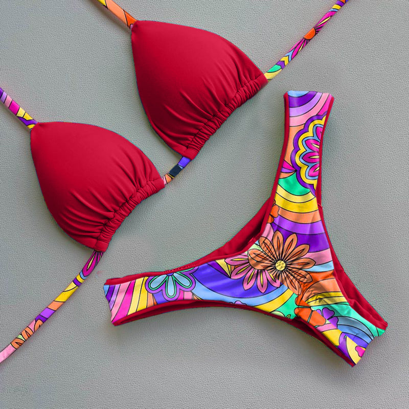 Trendy color contrast print bikini set