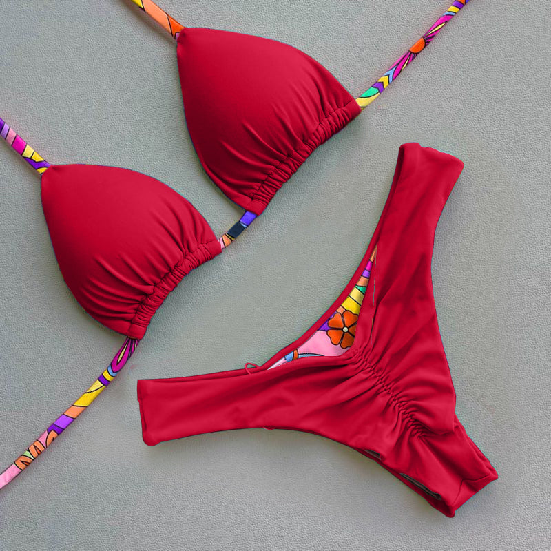 Trendy color contrast print bikini set