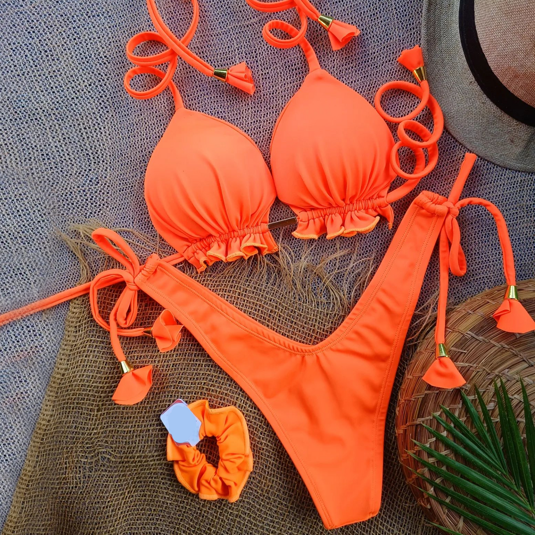 Fashion solid color two-piece tassel swimsuit