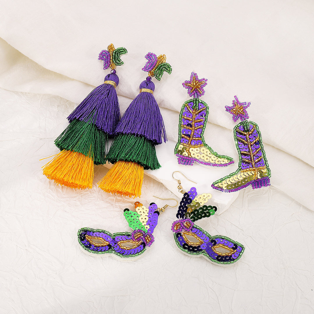 Mardi Gras St. Patrick's Day Mask Boots Tassel Earrings