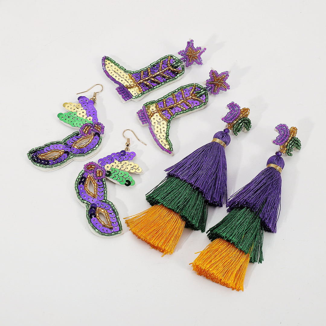 Mardi Gras St. Patrick's Day Mask Boots Tassel Earrings