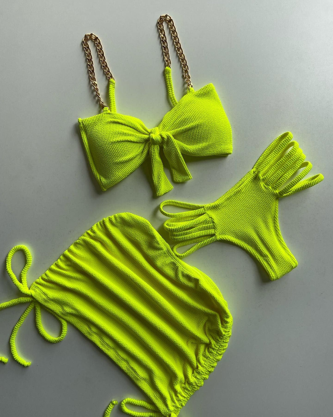 Fashion chain shirring skirt two-piece bikini three-piece set