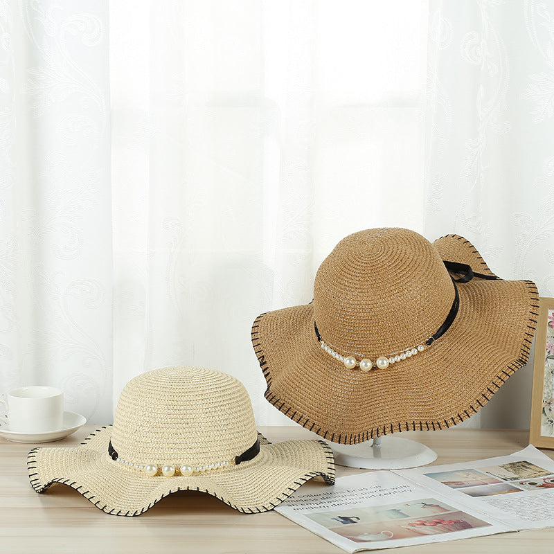 Temperament Pearl Woven Straw Hat Outdoor Travel Hat