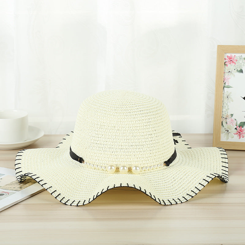 Temperament Pearl Woven Straw Hat Outdoor Travel Hat