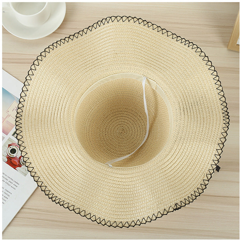 Women's going out hat temperament pearl lock edge woven straw hat outdoor travel hat