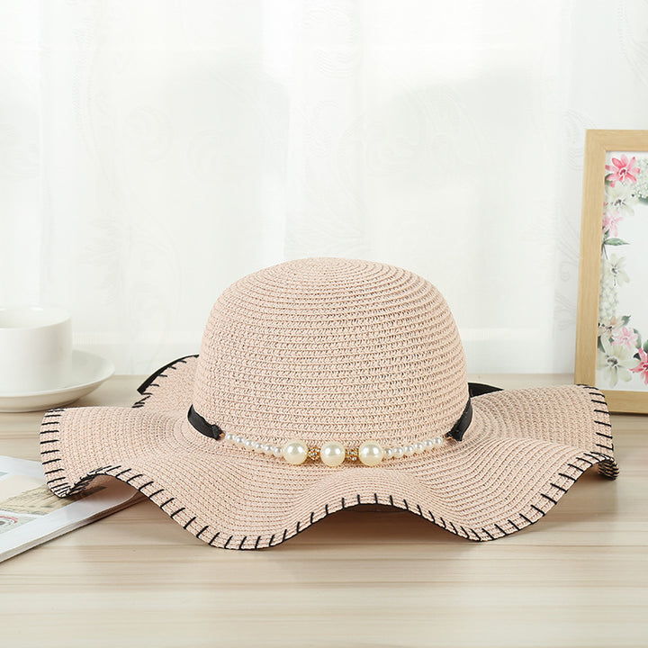 Women's going out hat temperament pearl lock edge woven straw hat outdoor travel hat