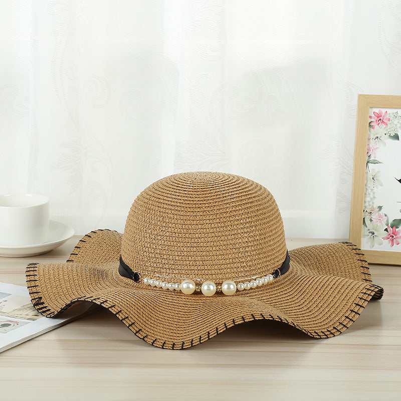 Women's going out hat temperament pearl lock edge woven straw hat outdoor travel hat