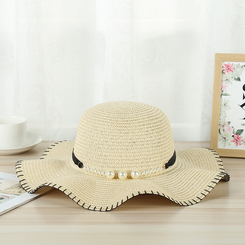 Women's going out hat temperament pearl lock edge woven straw hat outdoor travel hat