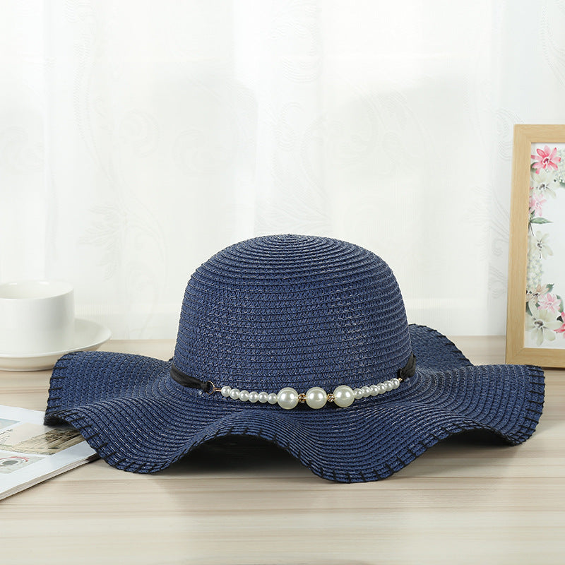 Women's going out hat temperament pearl lock edge woven straw hat outdoor travel hat