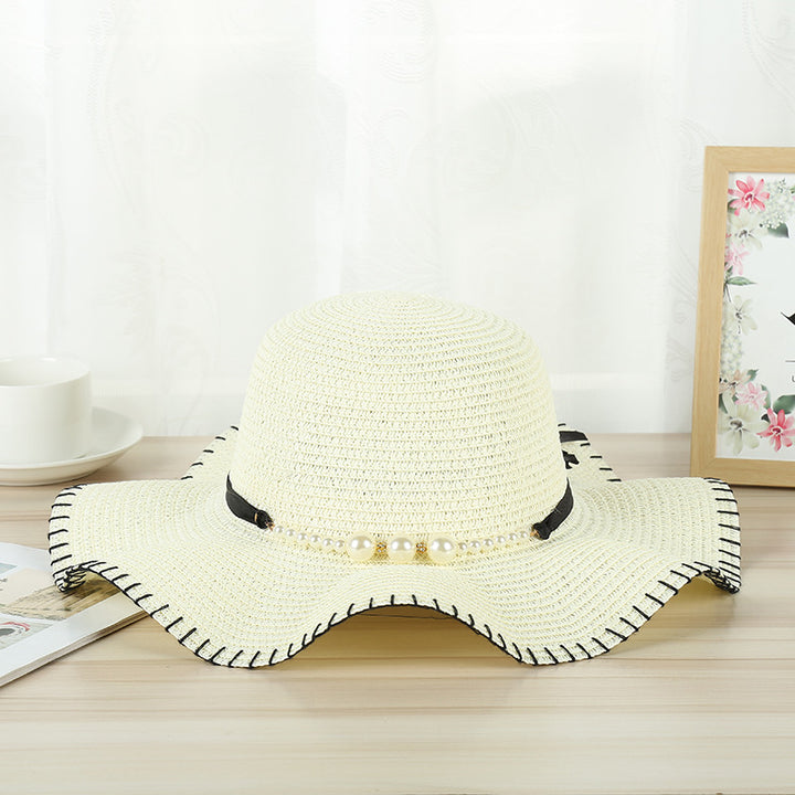 Women's going out hat temperament pearl lock edge woven straw hat outdoor travel hat