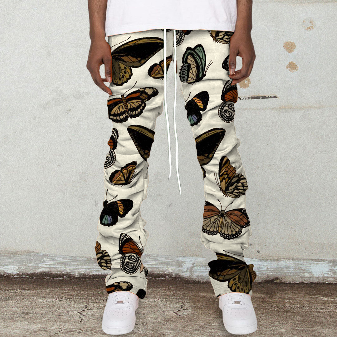 Vintage Butterfly Print Street Stacking Trousers