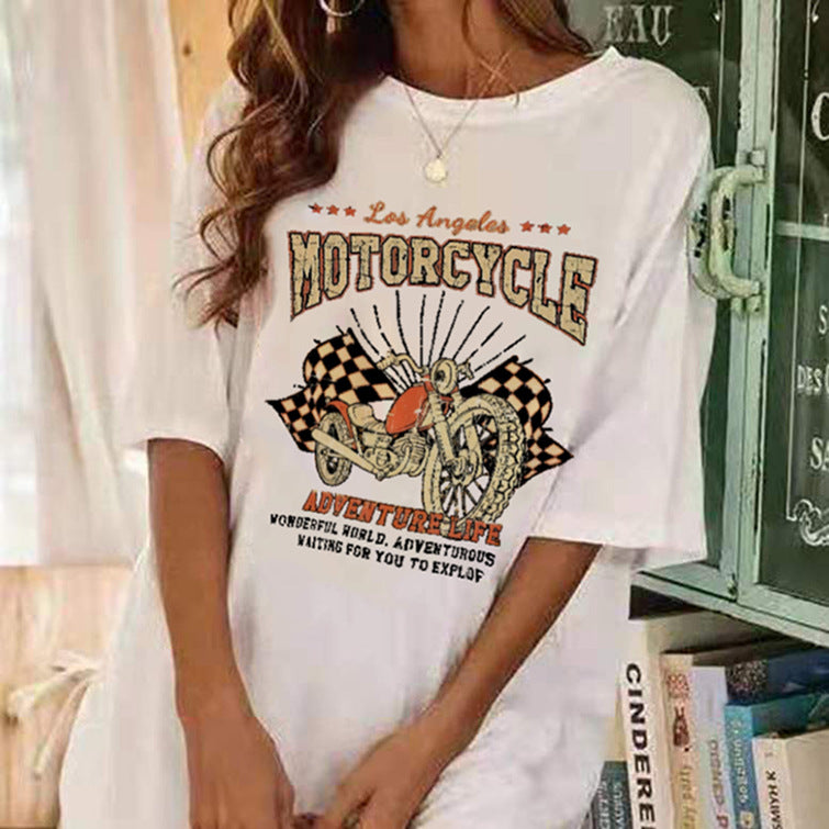 Retro motorcycle letter print women's round neck T-shirt