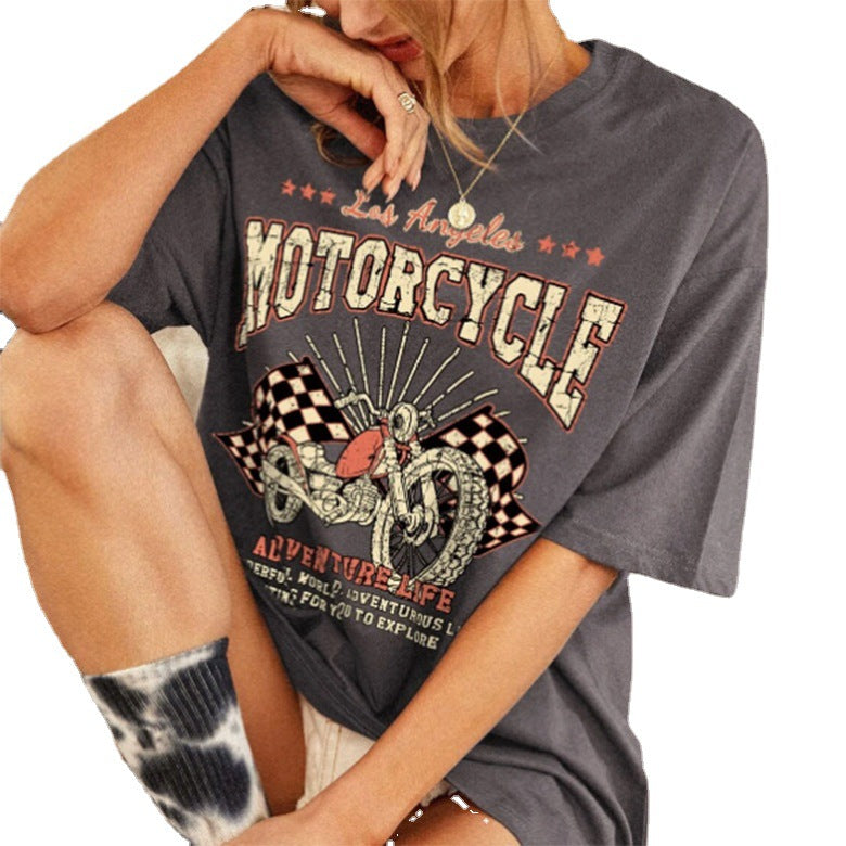 Retro motorcycle letter print women's round neck T-shirt