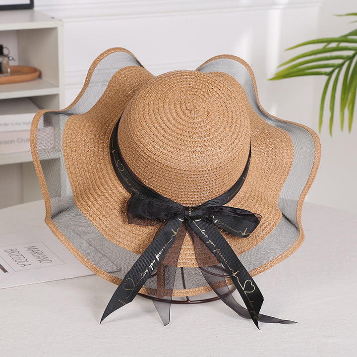 Mesh Straw Hat Elegant Big Brim Hat Foldable Sunshade Seaside Bowknot Beach Hat