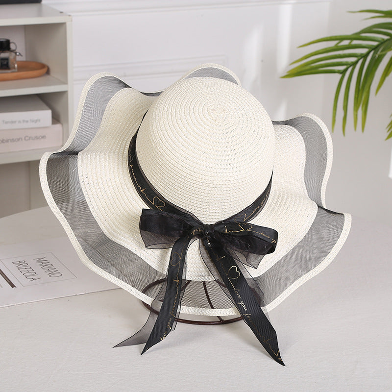 Mesh Straw Hat Elegant Big Brim Hat Foldable Sunshade Seaside Bowknot Beach Hat