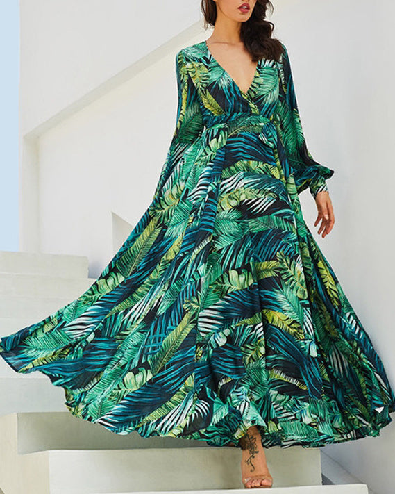 Leaf Print V-Neck Balloon Sleeve Dress