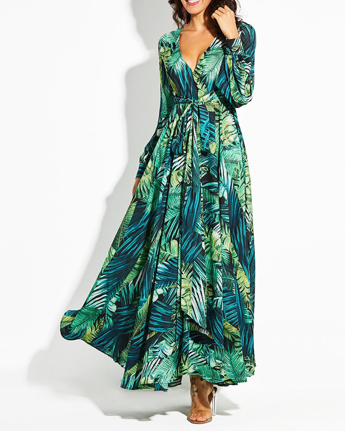 Leaf Print V-Neck Balloon Sleeve Dress