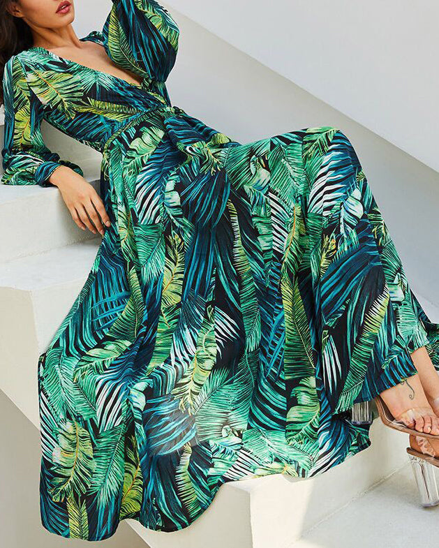 Leaf Print V-Neck Balloon Sleeve Dress