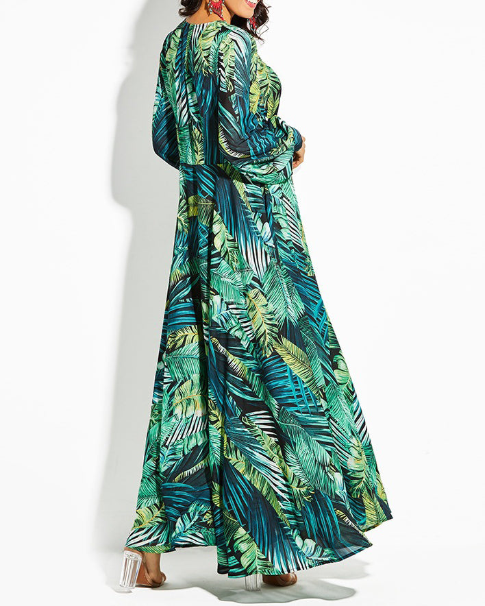 Leaf Print V-Neck Balloon Sleeve Dress