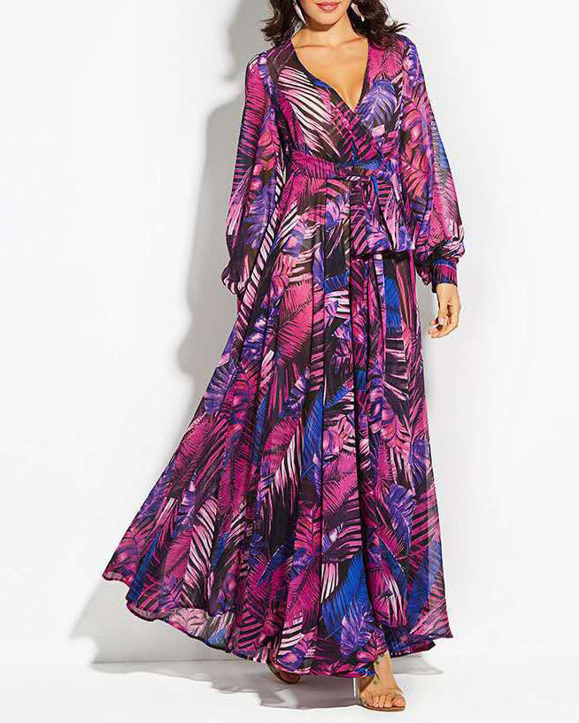 Leaf Print V-Neck Balloon Sleeve Dress