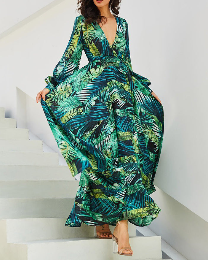 Leaf Print V-Neck Balloon Sleeve Dress