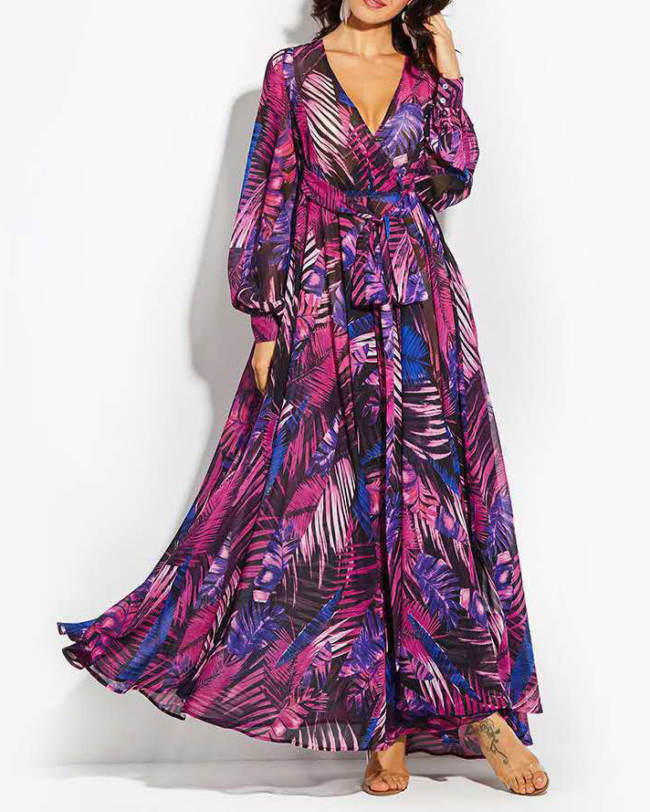 Leaf Print V-Neck Balloon Sleeve Dress