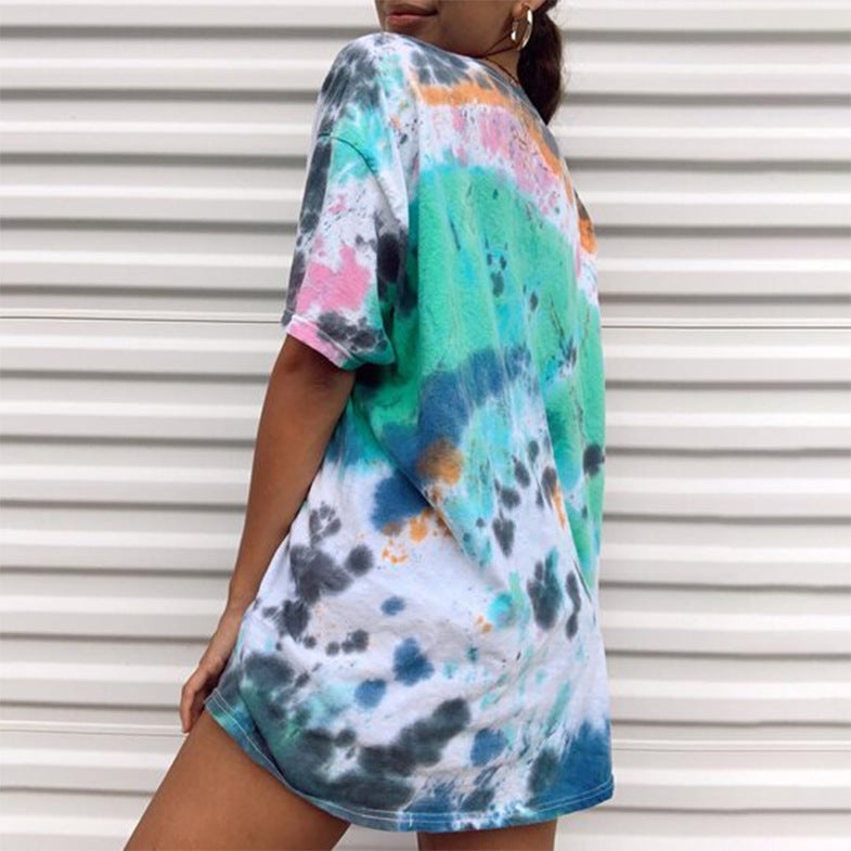 Round neck tie-dye print street hipster loose short-sleeved T-shirt