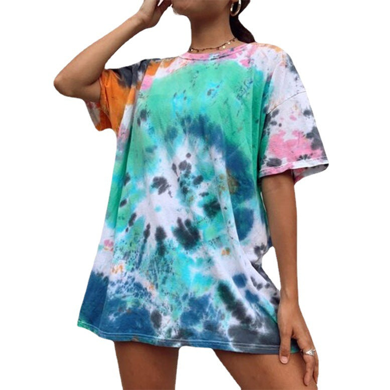 Round neck tie-dye print street hipster loose short-sleeved T-shirt