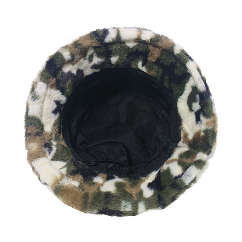 Fashion Imitation Rabbit Plush Bucket Hat Print Camouflage Bucket Hat