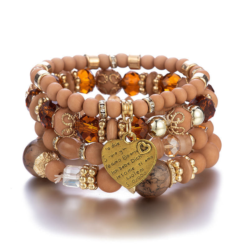 Bohemian ethnic style crystal peach heart multi-layer bracelet