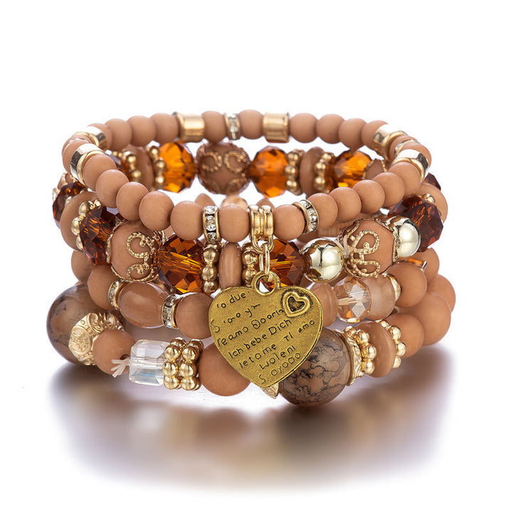 Bohemian ethnic style crystal peach heart multi-layer bracelet