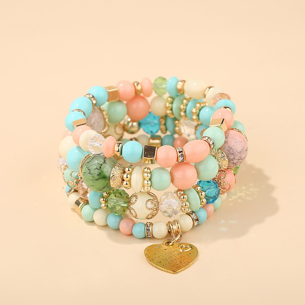 Bohemian ethnic style crystal peach heart multi-layer bracelet