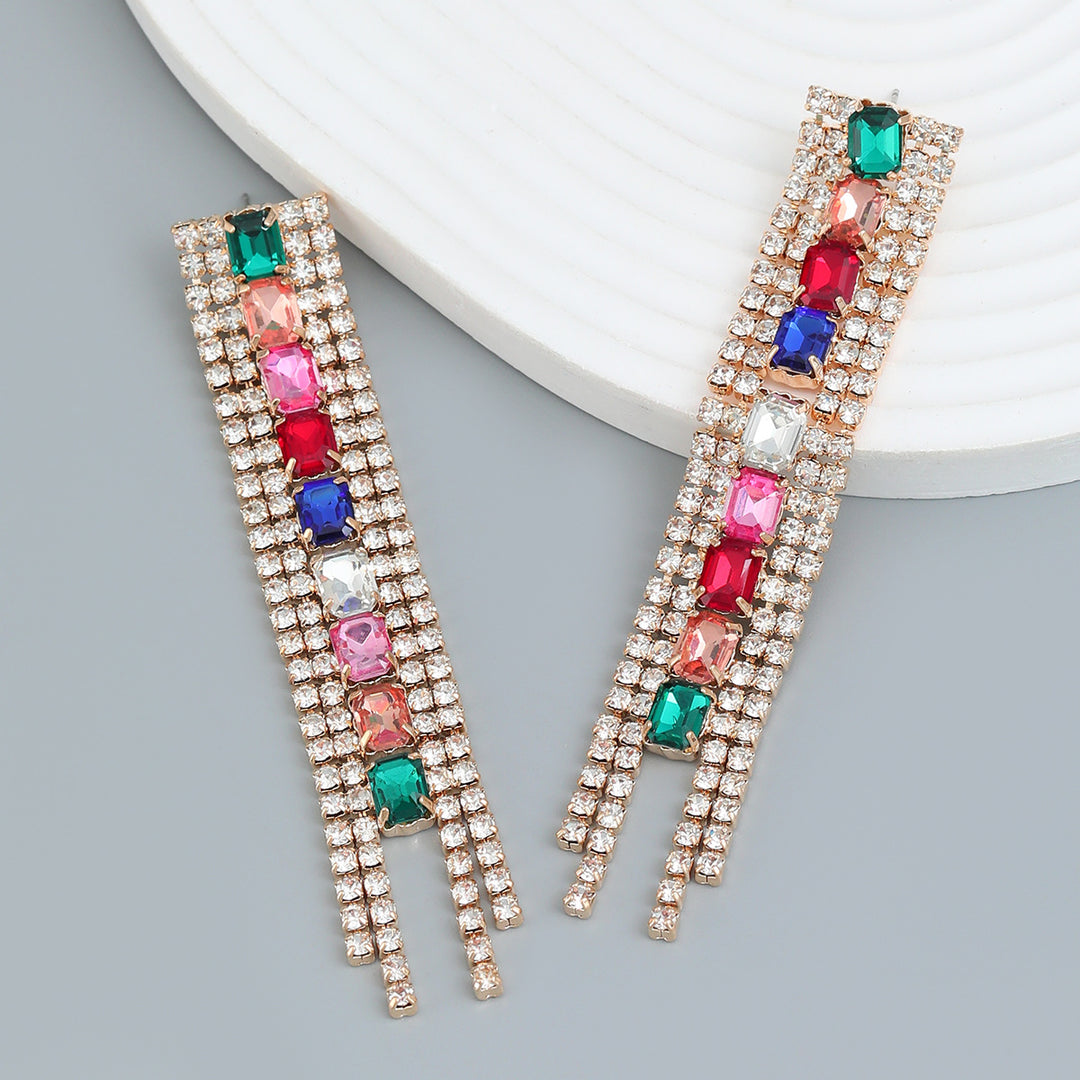 Alloy Diamond Square Rhinestone Long Earrings