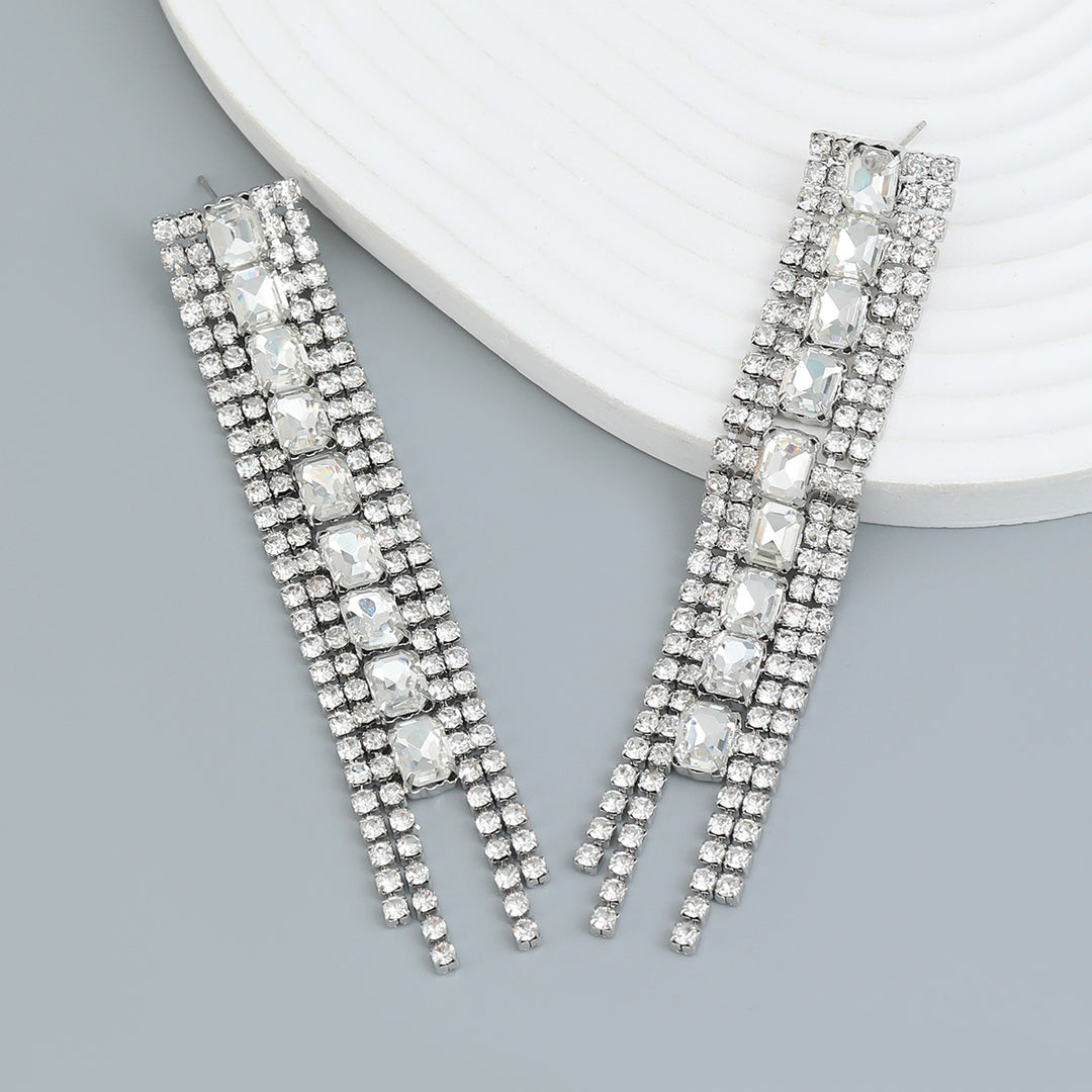 Alloy Diamond Square Rhinestone Long Earrings