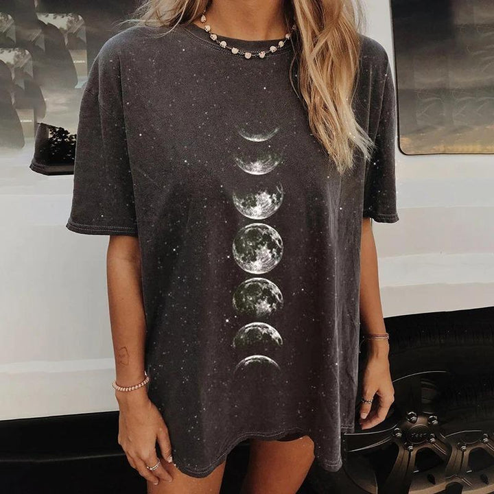 Fashion printed moon pattern loose round neck t-shirt