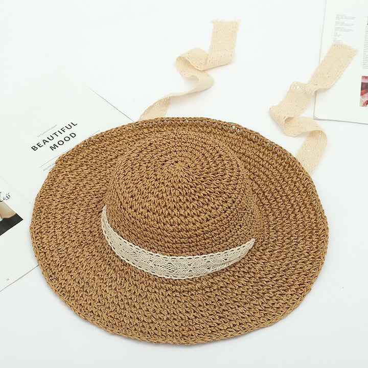 Literary small fresh lace ribbon woven straw hat lady temperament outdoor travel sun protection sun visor hat